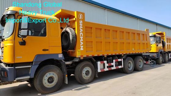शैकमैन F3000 8×4 डंप ट्रक जिसमें 400HP डीजल इंजन और भारी-भरकम निर्माण के लिए फ्रंट लिफ्टिंग स्टाइल है
